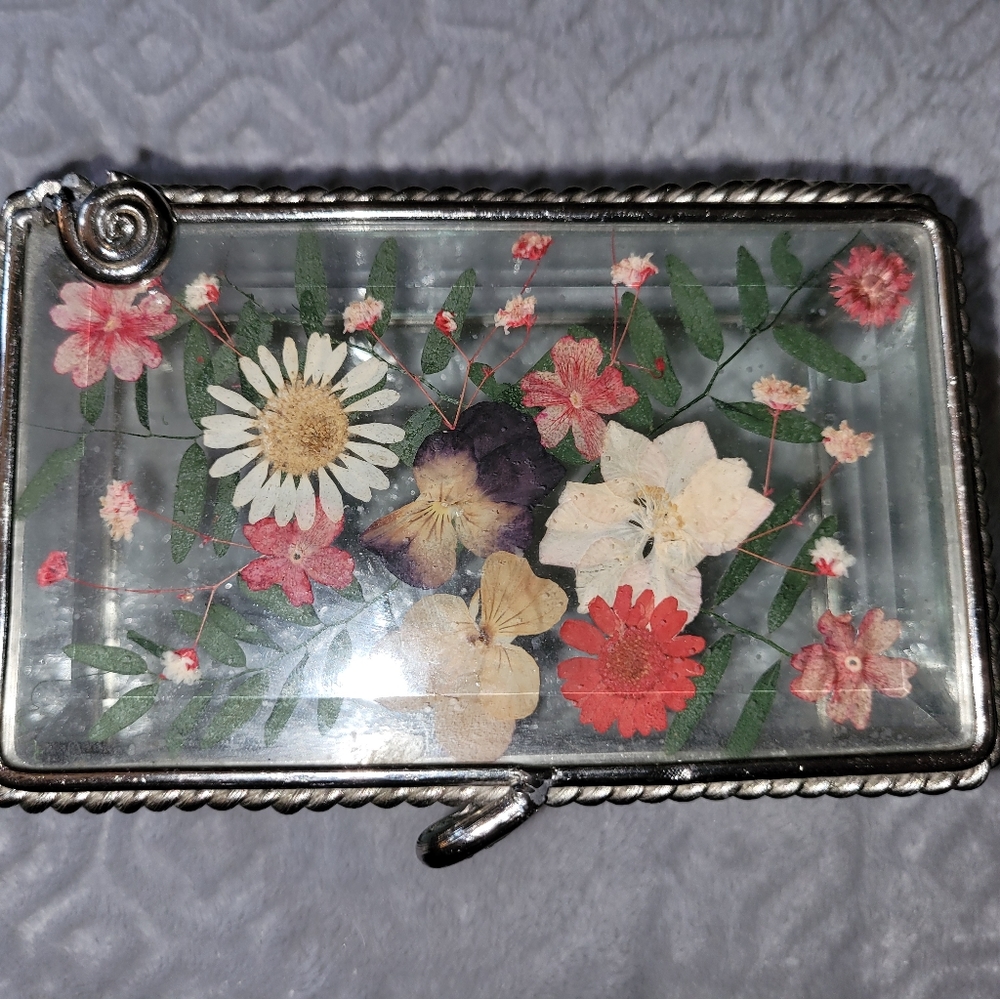 Amazing Pressed Flowers Beveled Glass Jewelry/Trinket Box - Picture 2 of 16